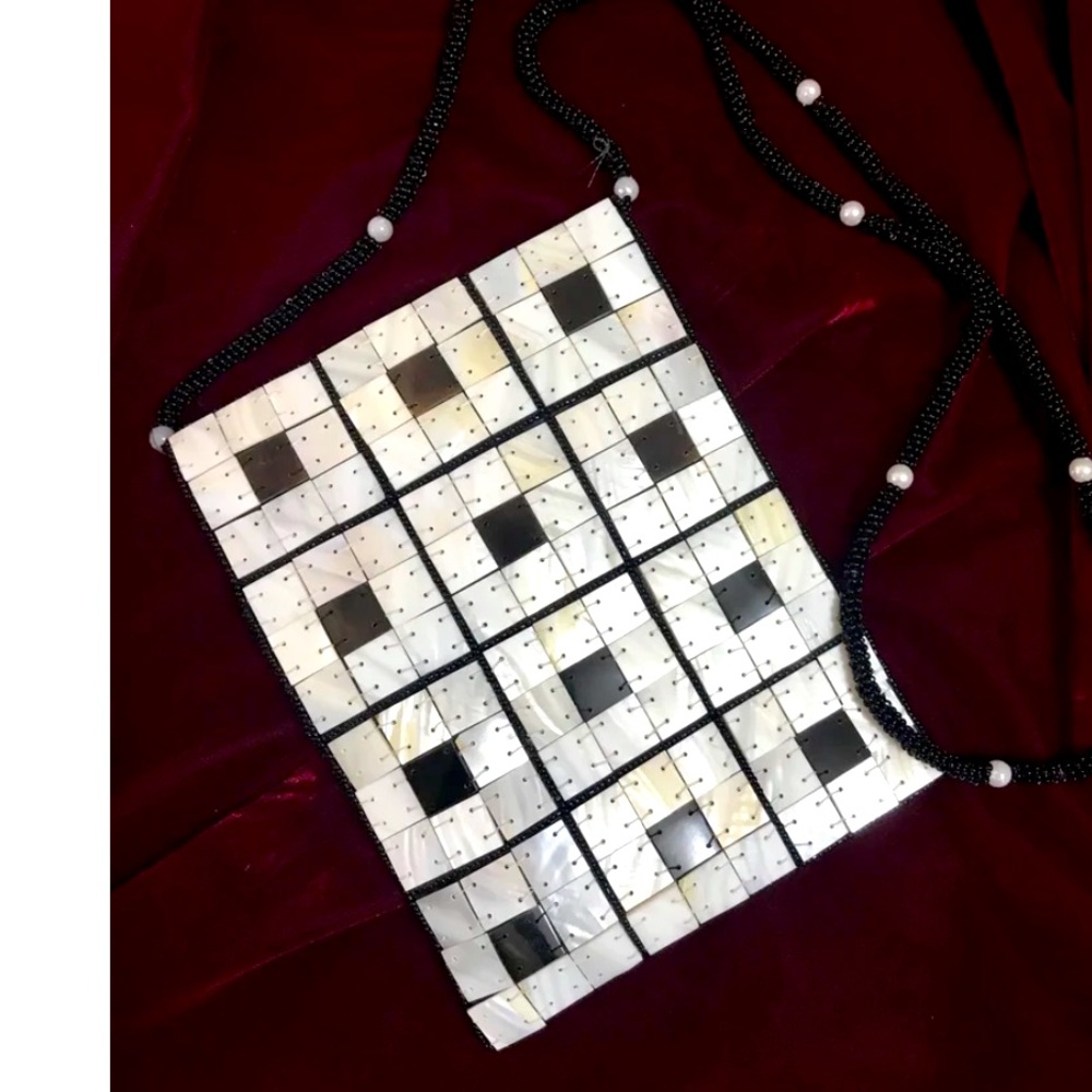 Vintage Mother of Pearl Handmade Beaded Purse with Real Silk Lining